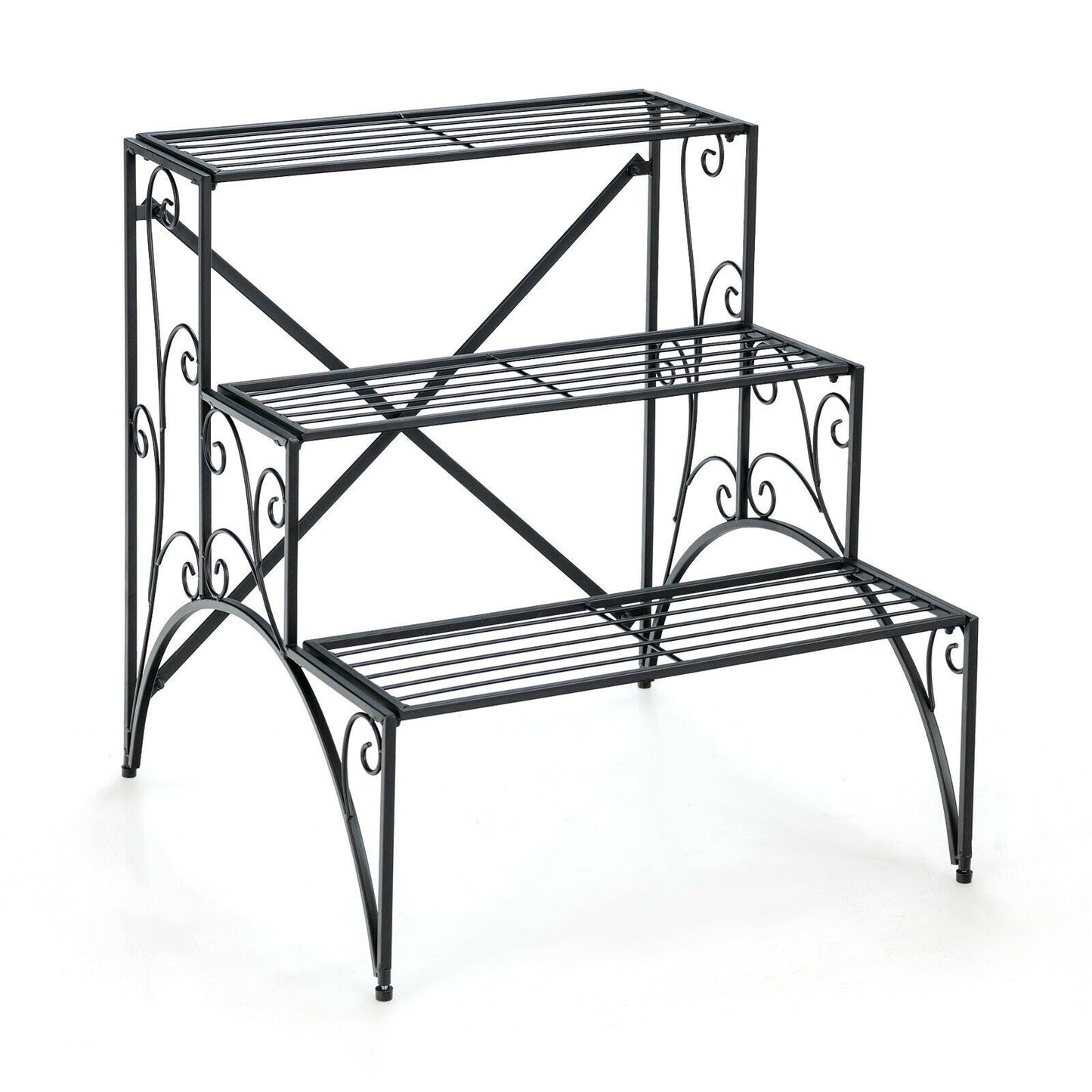 Estantería de metal de 3 niveles para plantas con rejilla ensanchada para porche/jardín-Negro