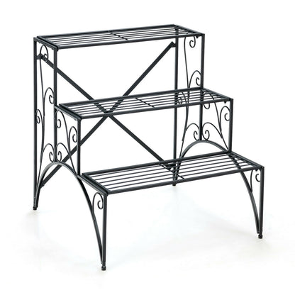 Estantería de metal de 3 niveles para plantas con rejilla ensanchada para porche/jardín-Negro