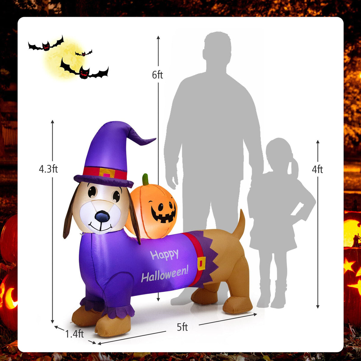 5ft inflatable dachshund Halloween decoration with pumpkin, purple witch-hat dog by DirectDeals on Tampa Home & Garden Store