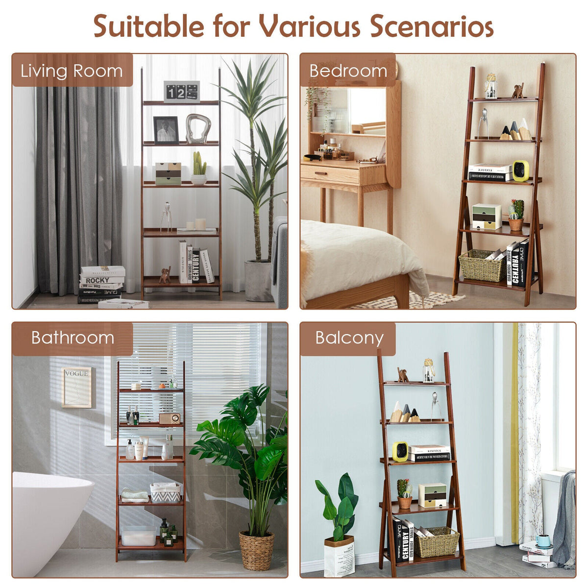 5-Tier Bamboo Ladder Shelf by DirectDeals in living room, bedroom, bathroom and balcony setups on Tampa Home & Garden Store