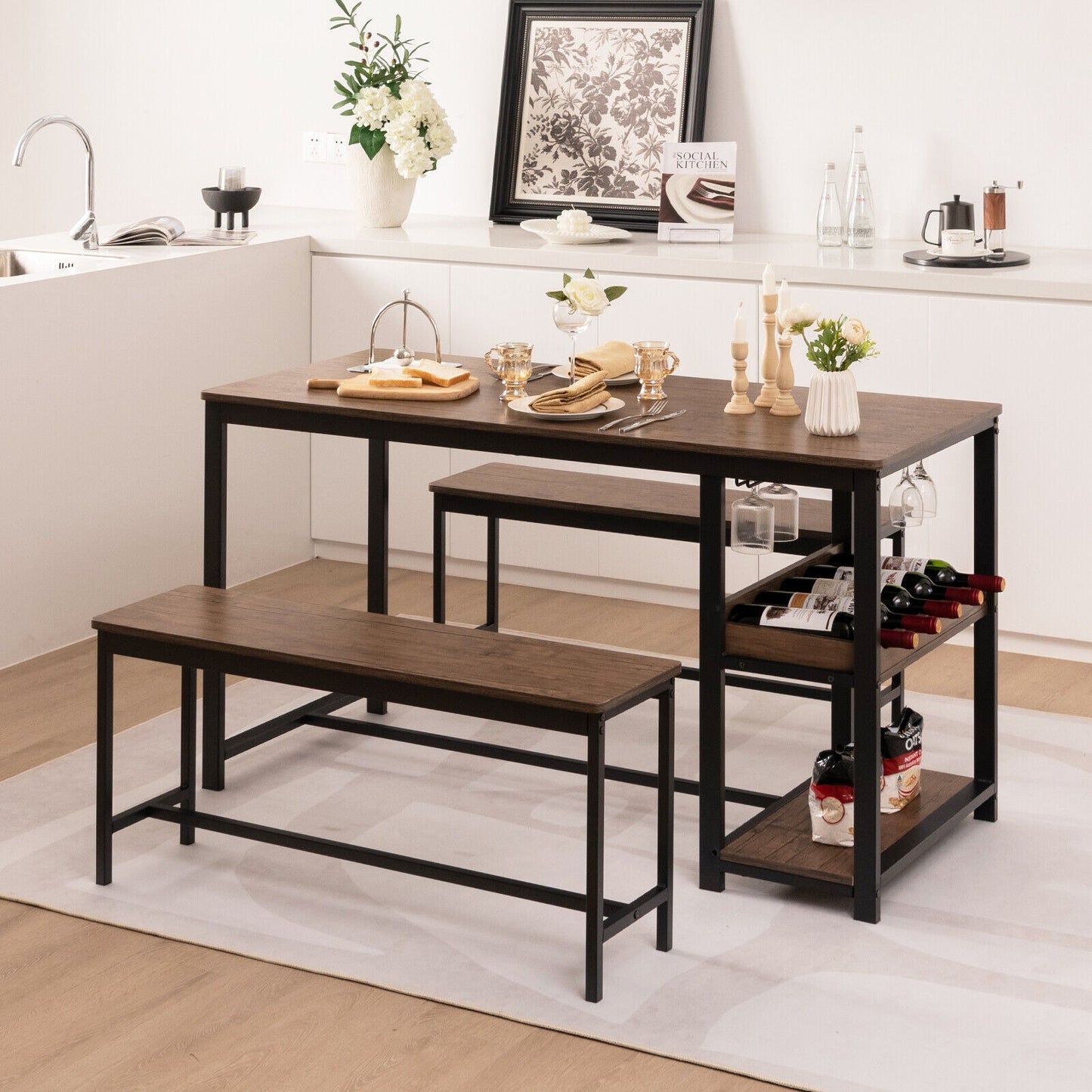 Juego de mesa de comedor de 3 piezas para 4 con botellero - Marrón