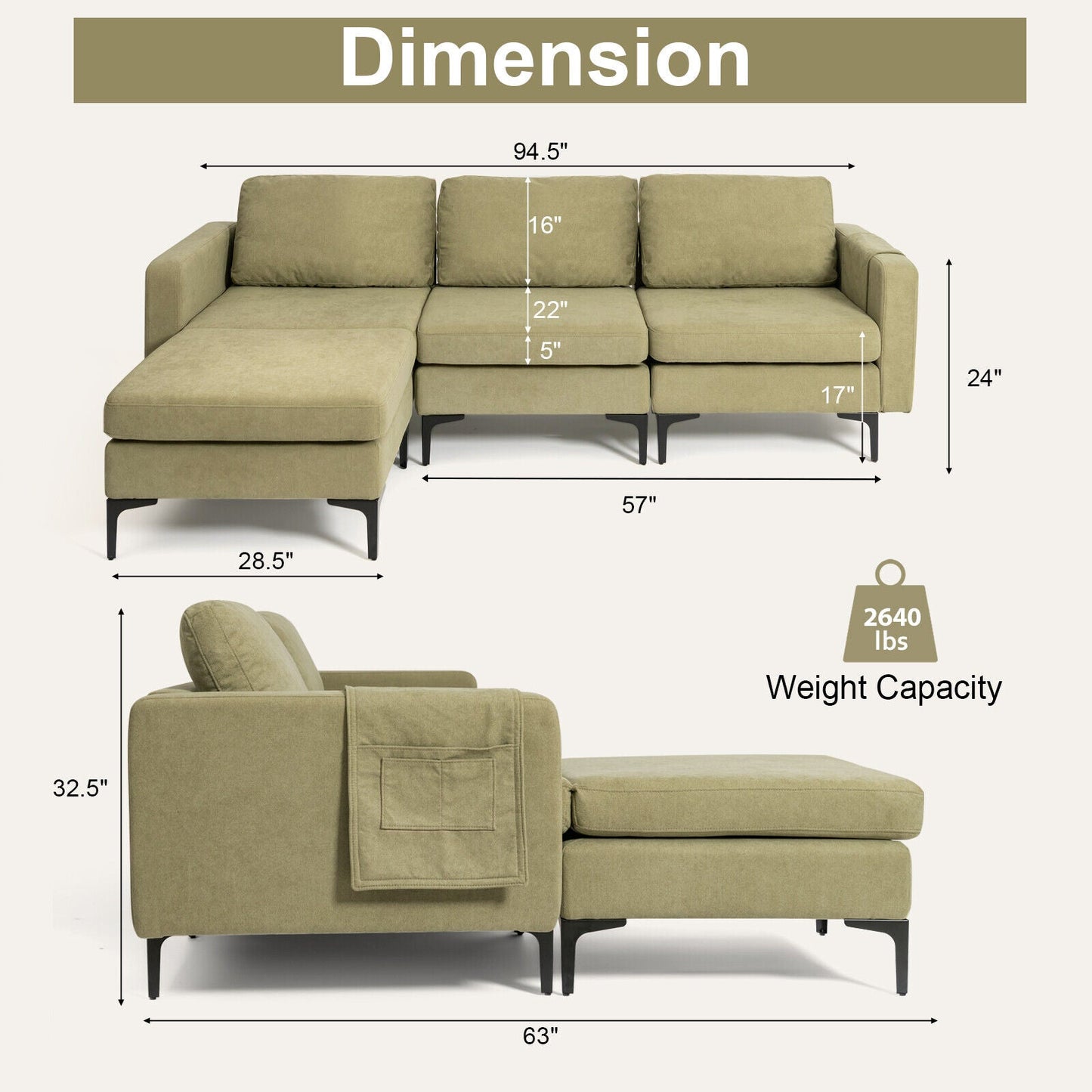 Sofá seccional modular en forma de L de 3 plazas con chaise reversible y 2 puertos USB - Verde