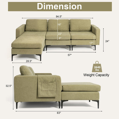 Sofá seccional modular en forma de L de 3 plazas con chaise reversible y 2 puertos USB - Verde