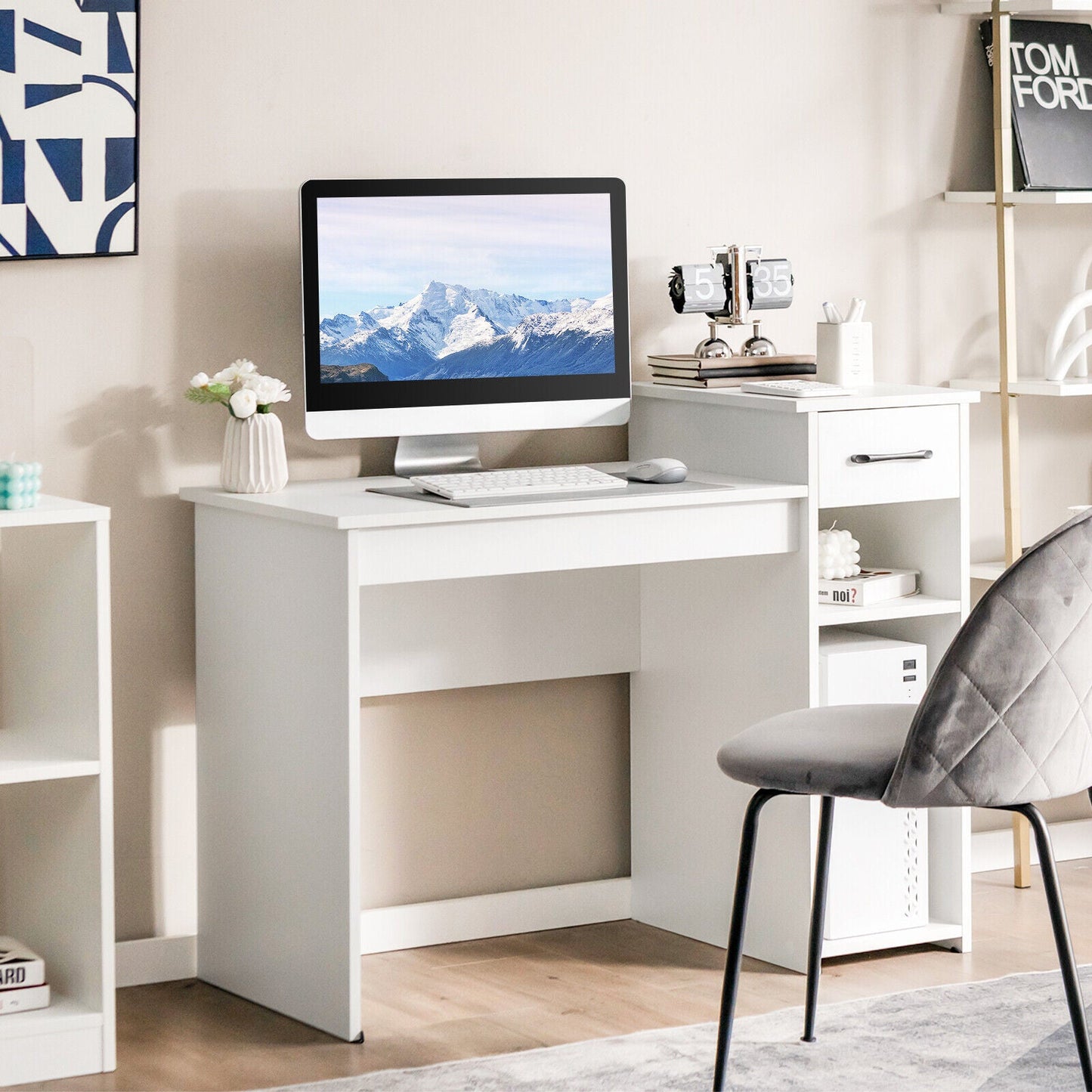 Escritorio para computadora portátil con cajón y estante - Blanco
