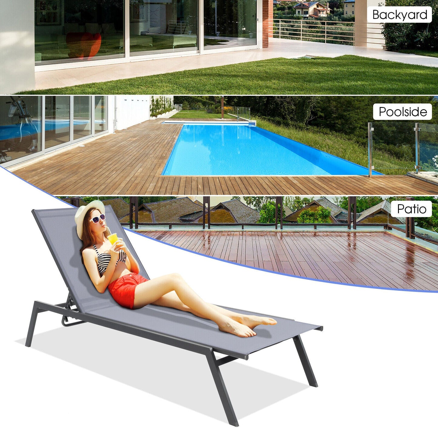 Tumbona reclinable ajustable para exterior con posición horizontal y tejido de secado rápido