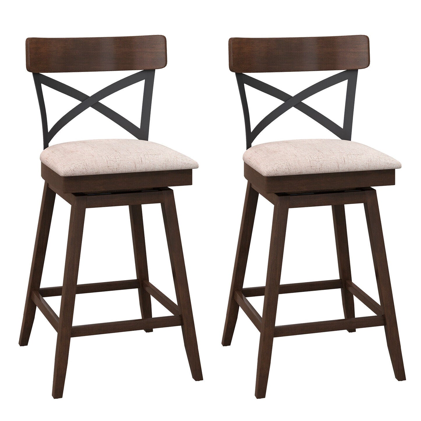 Juego de 2 taburetes de bar de madera giratorios con asiento acolchado y respaldo en X abierto - 25 pulgadas