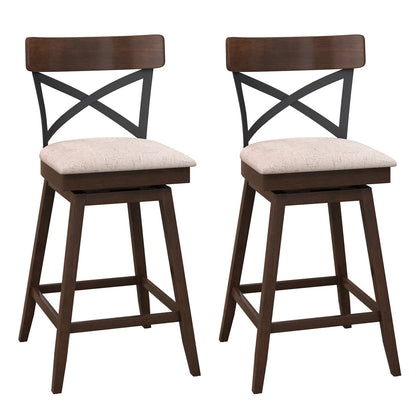 Juego de 2 taburetes de bar de madera giratorios con asiento acolchado y respaldo en X abierto - 25 pulgadas