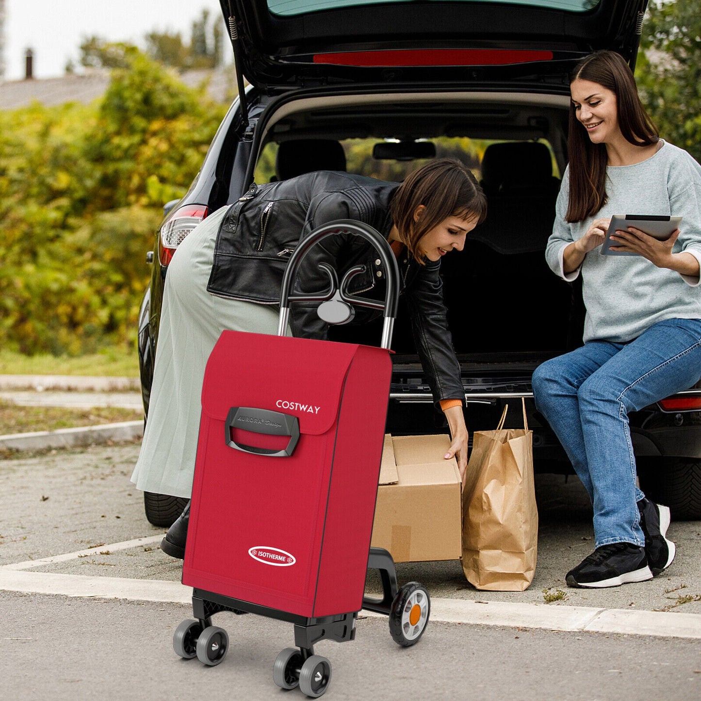 Carrito de compras plegable con ruedas giratorias - Rojo