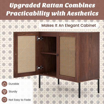 Kitchen Sideboard with 2 Rattan Doors and Adjustable Shelf-Walnut