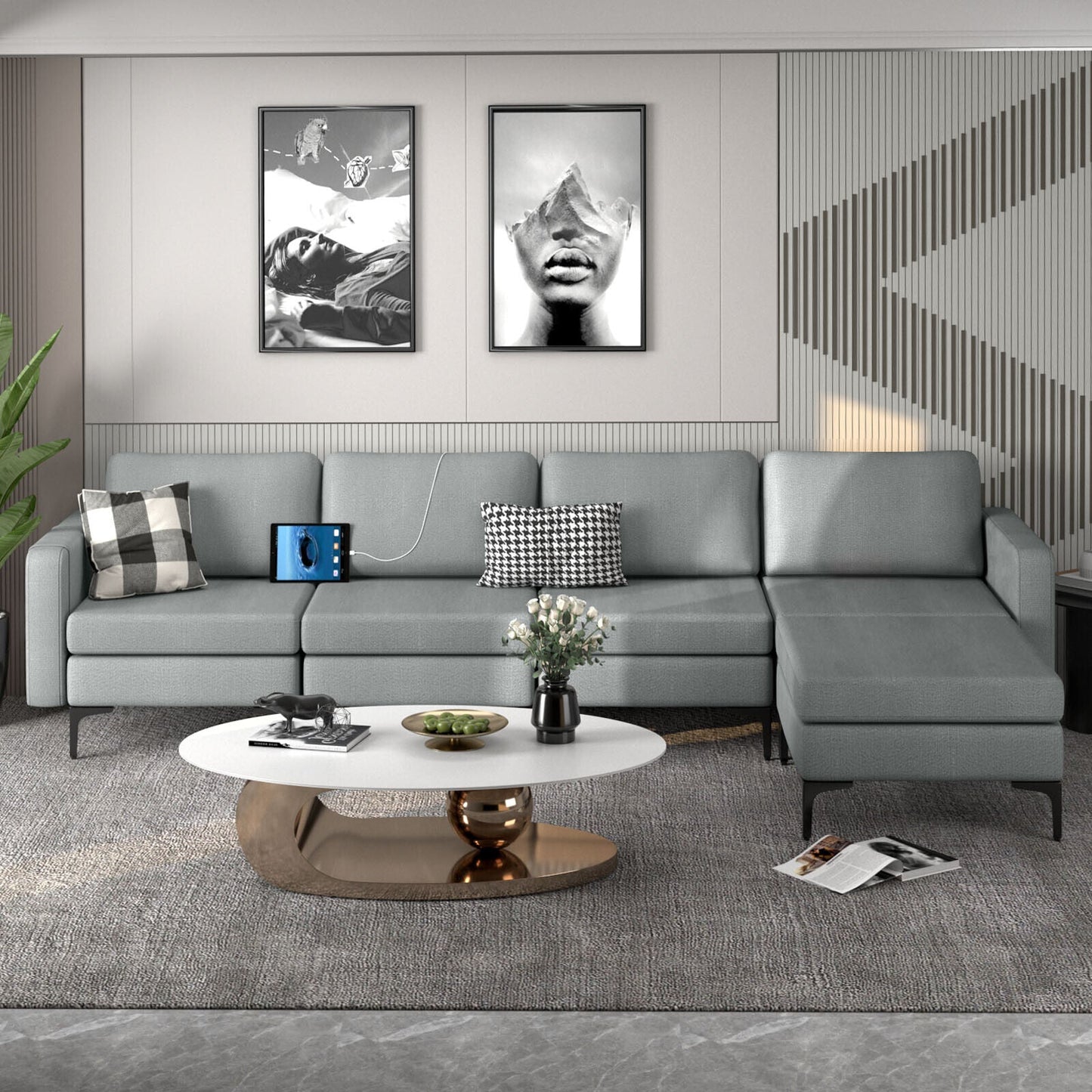 Modular L-shaped Sectional Sofa with Reversible Ottoman and 2 USB Ports