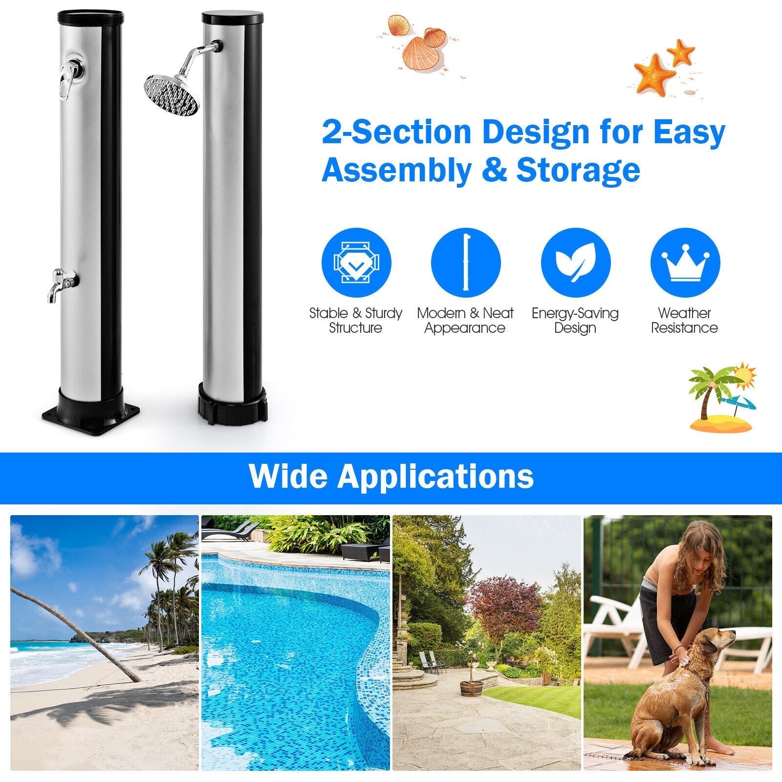 GemGear 7.2 ft solar-heated outdoor shower with rotating head, stainless steel dual-column design on Tampa Home & Garden Store