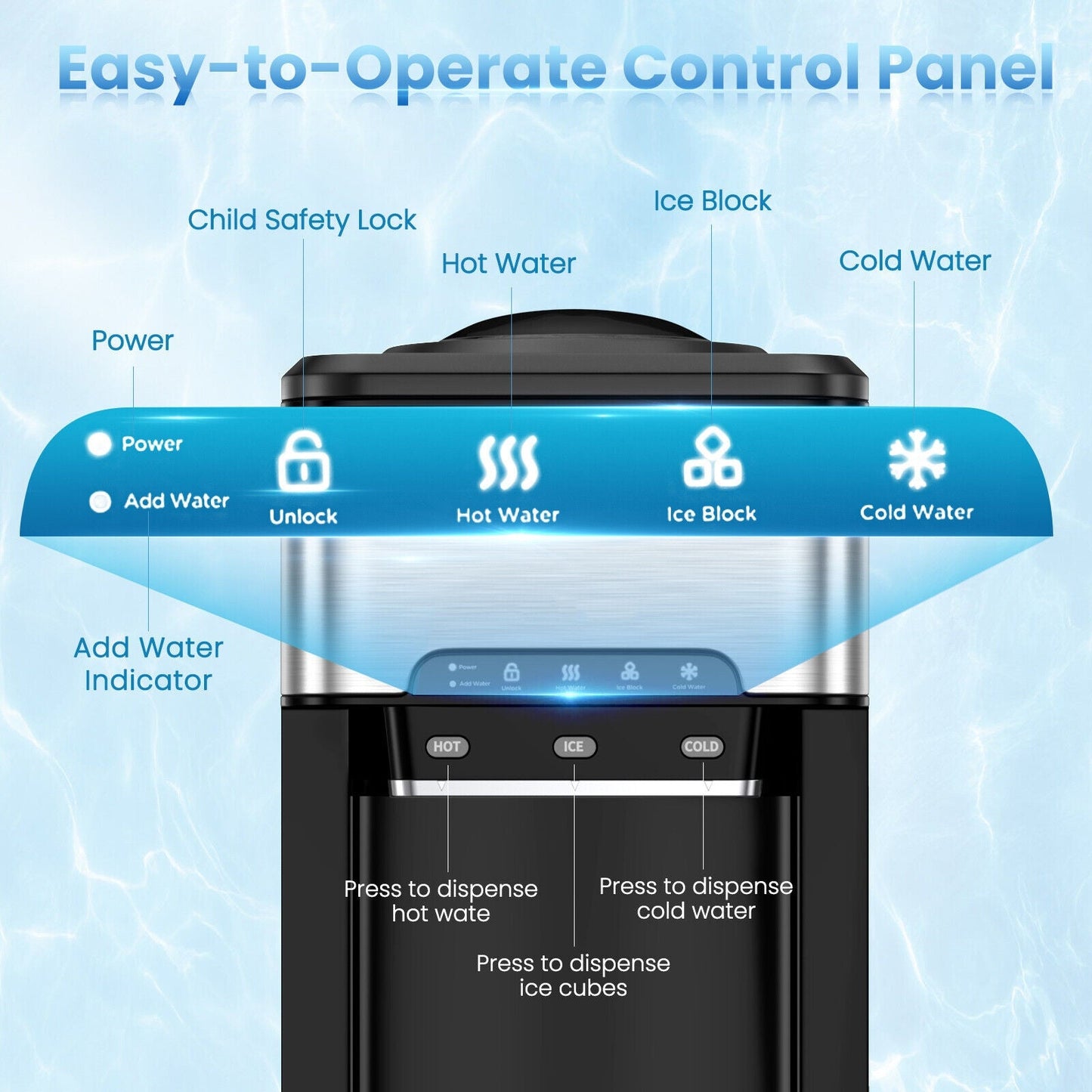 Dispensador de agua 3 en 1 con máquina de hielo incorporada y 3 ajustes de temperatura - Plateado