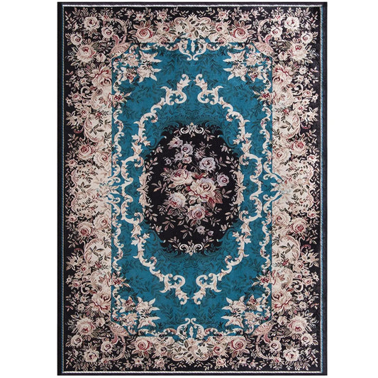 Area rug DirectDeals teal center with ornate floral border non shedding surface on Tampa Home & Garden Store
