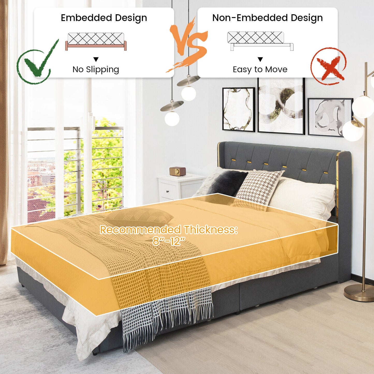 Base de cama tapizada con 4 cajones de almacenamiento, tamaño matrimonial/queen-Matrimonial
