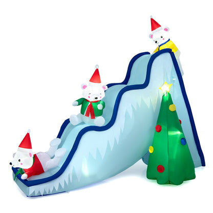 9 ft Inflatable Polar Bear Slide with LED Lights, bears in Santa hats on blue slide DirectDeals on Tampa Home & Garden Store