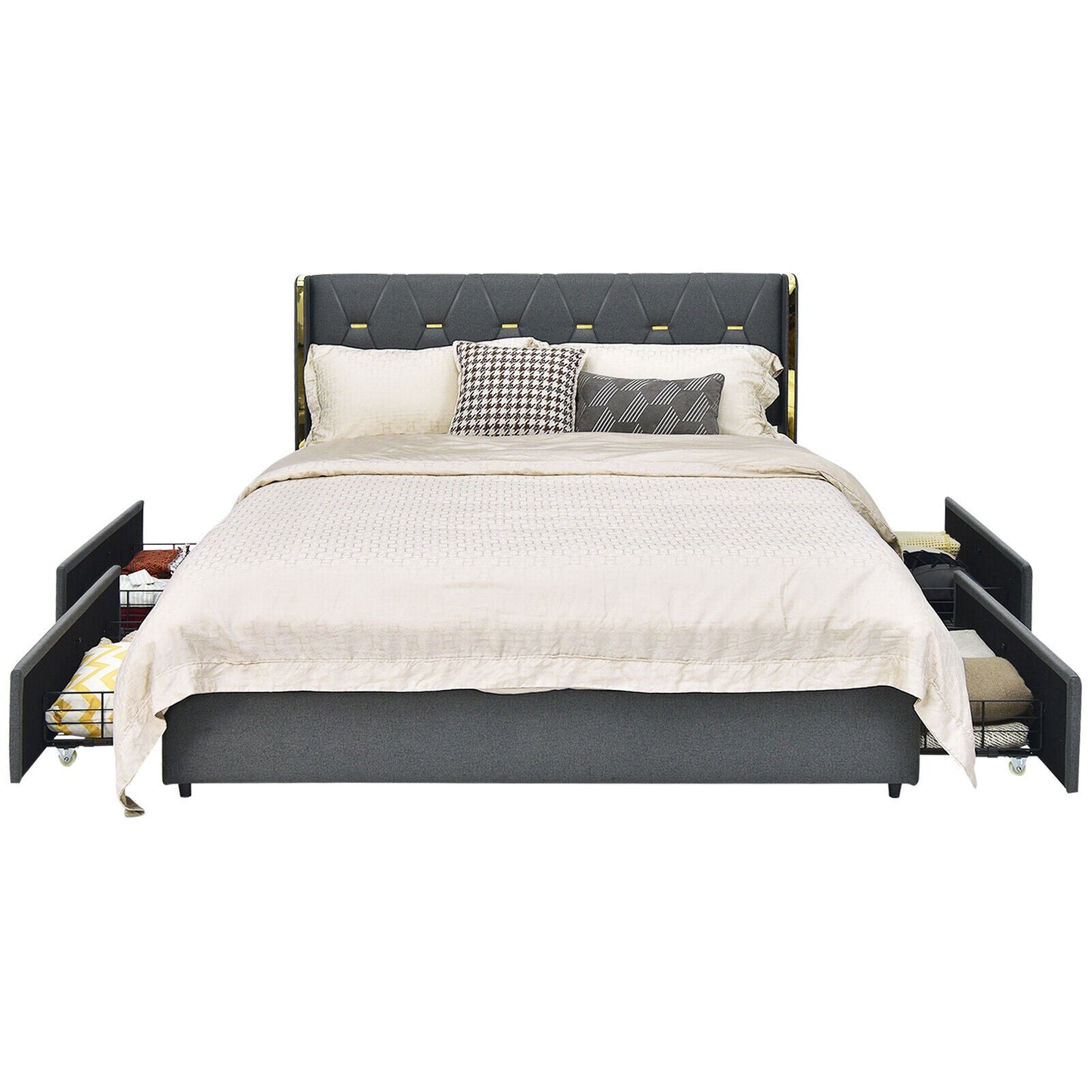 Base de cama tapizada con 4 cajones de almacenamiento, tamaño matrimonial/queen-Matrimonial