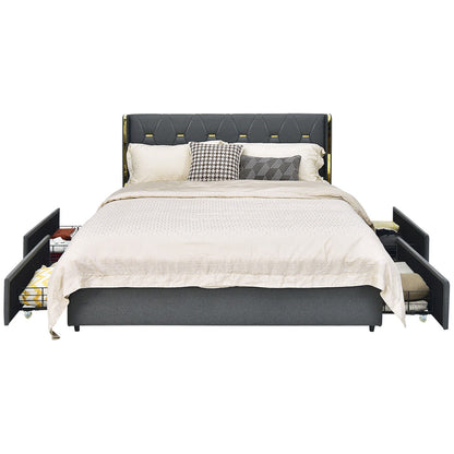 Base de cama tapizada con 4 cajones de almacenamiento, tamaño matrimonial/queen-Matrimonial