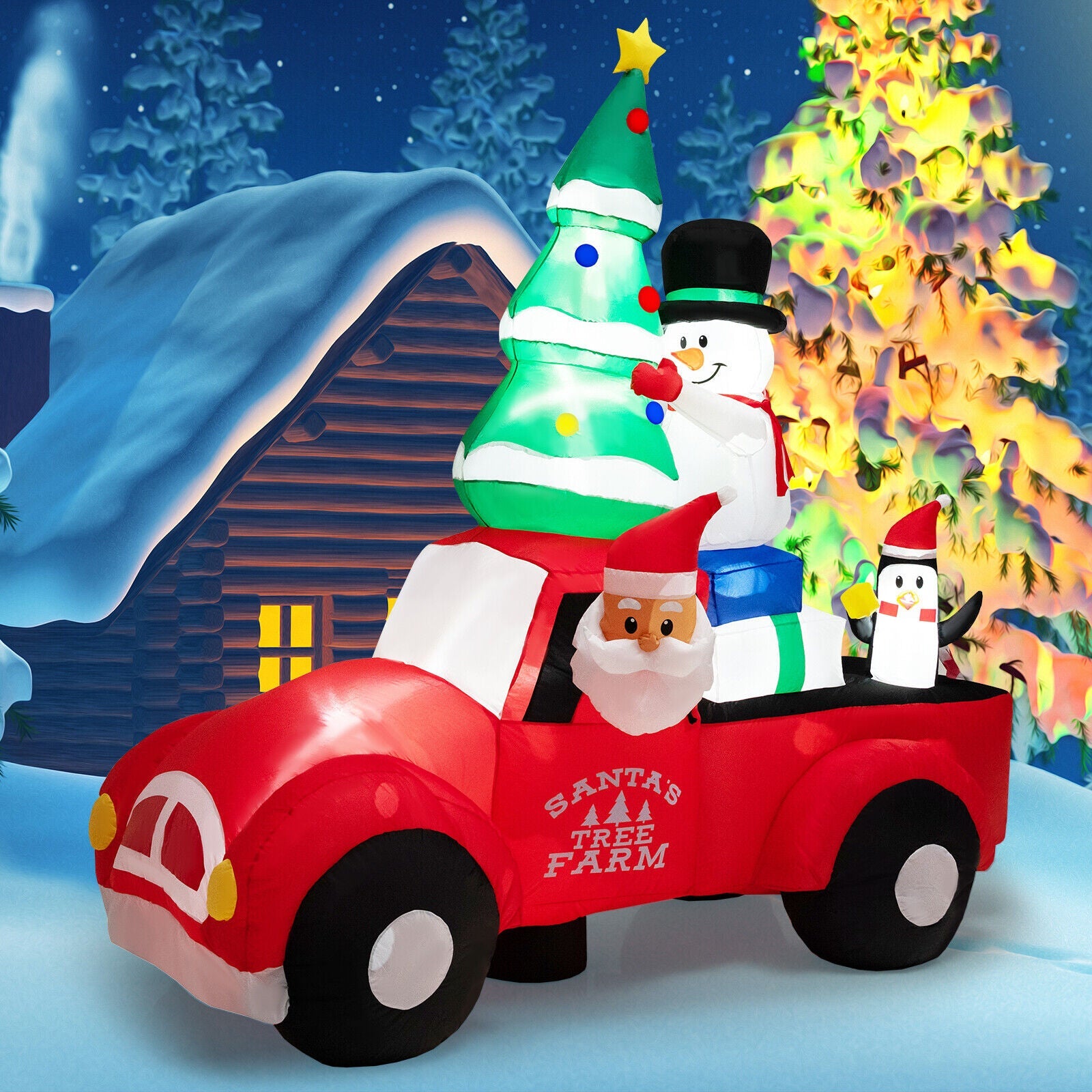 8 Feet Wide Inflatable Santa Driving a Car with LED and Air Blower red car with snowman on Tampa Home & Garden Store