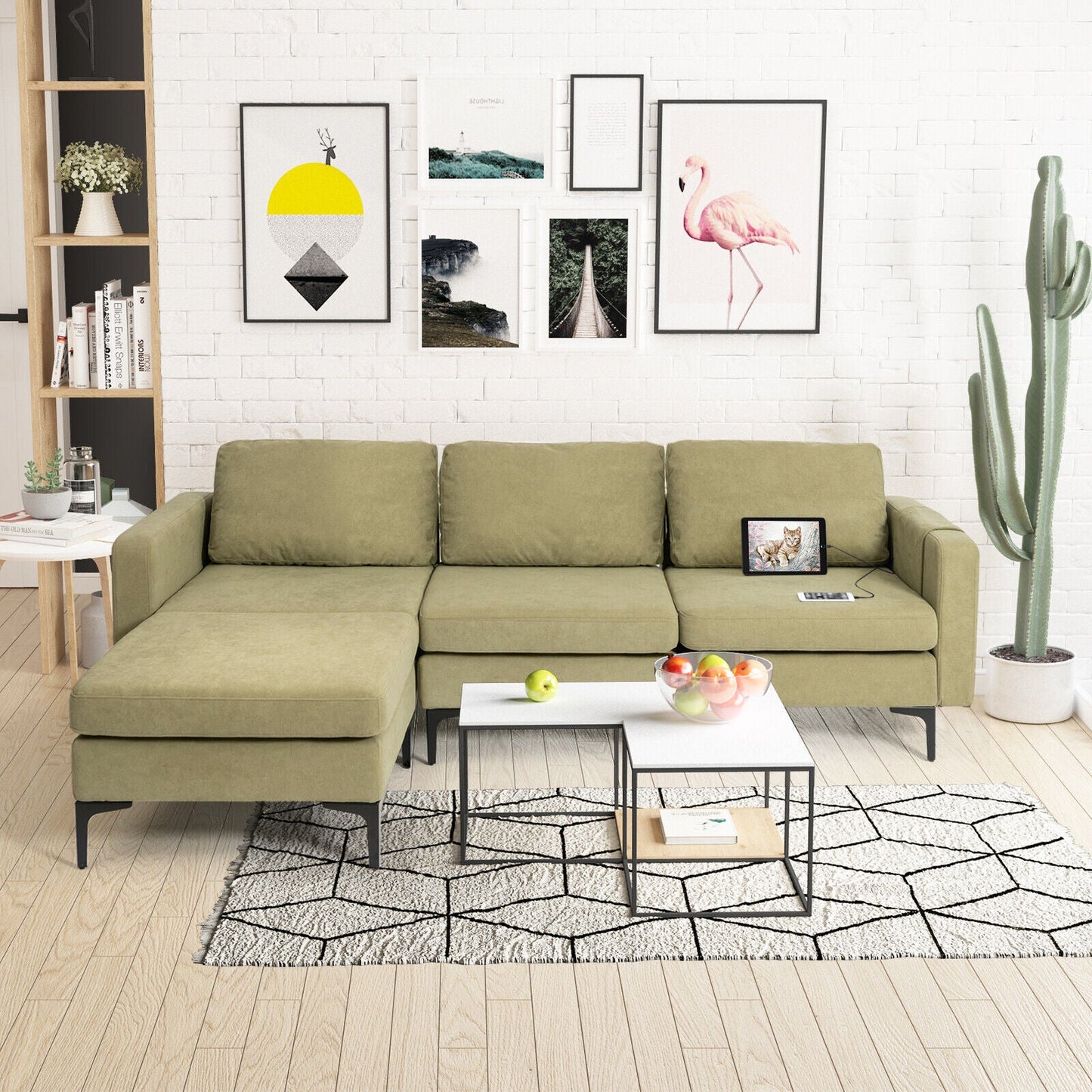 Sofá seccional modular en forma de L de 3 plazas con chaise reversible y 2 puertos USB - Verde
