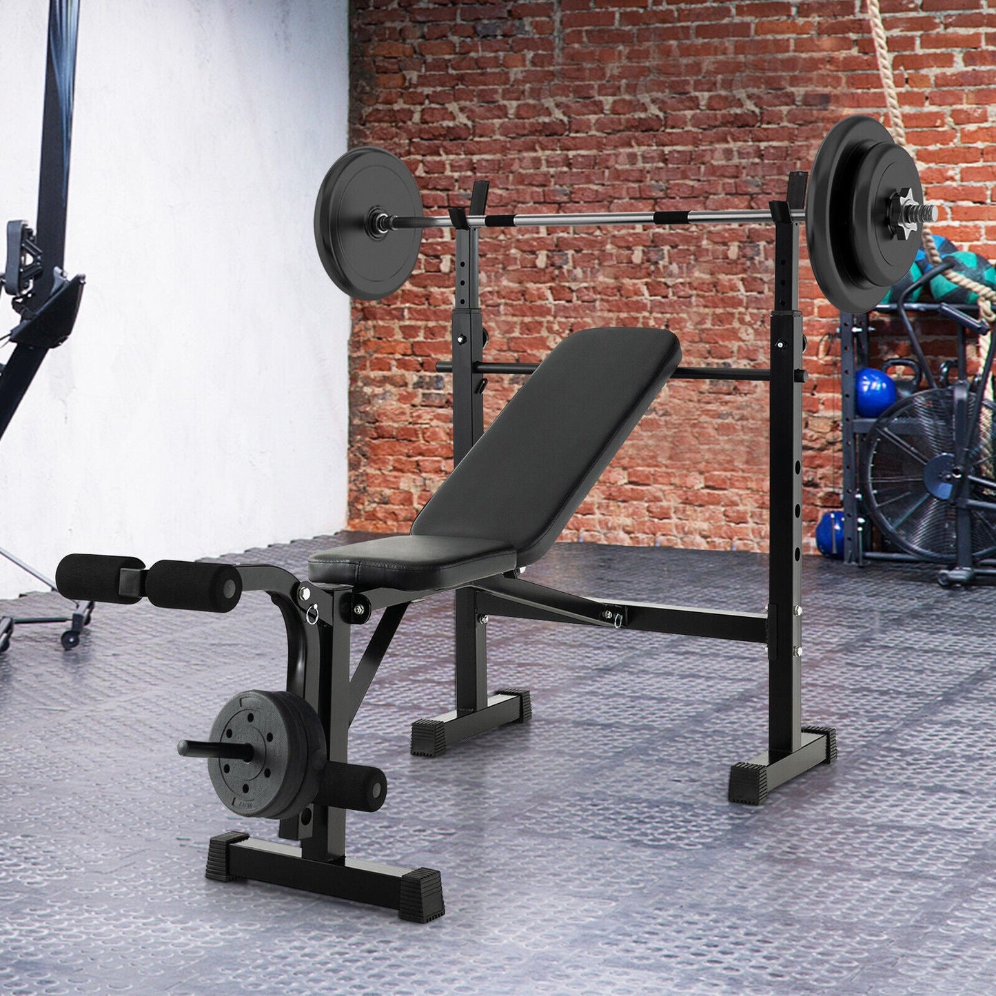 DirectDeals adjustable weight bench and barbell rack with loaded plates and weight plate post on Tampa Home & Garden Store