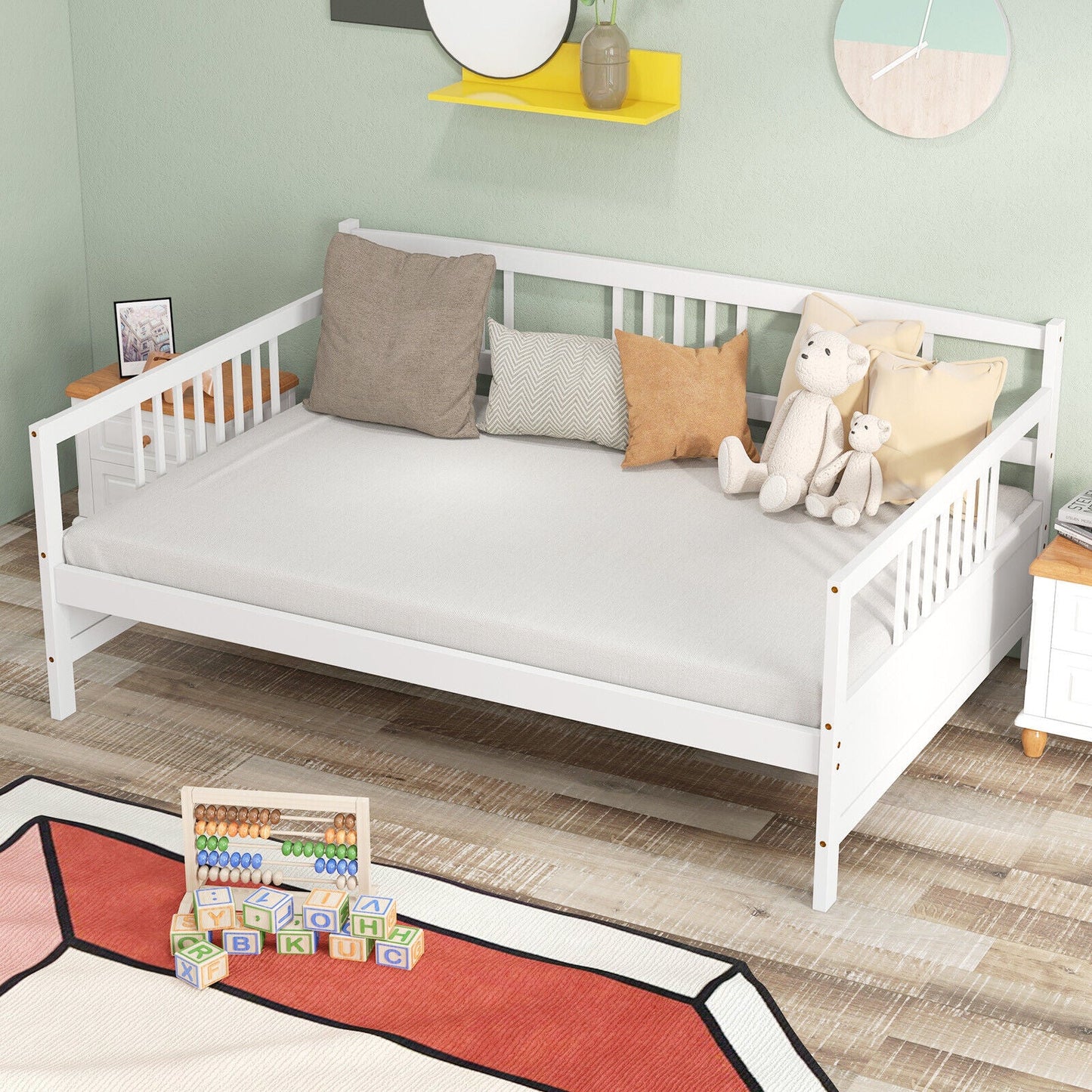 Base de cama nido de tamaño completo de madera con barandillas - Blanca