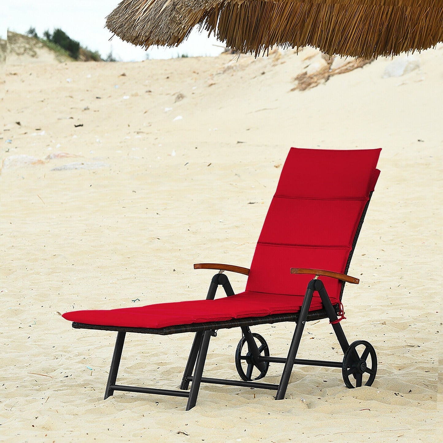 Tumbona Plegable de Ratán para Patio con Ruedas - Roja