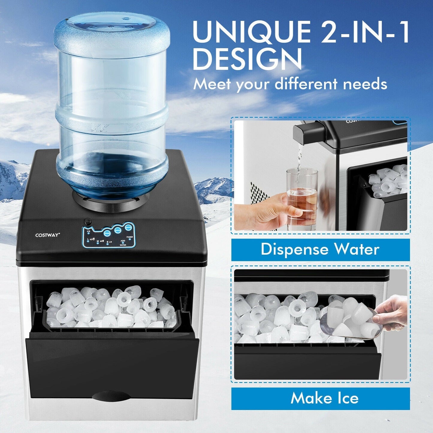 Máquina de hielo y dispensador de agua 2 en 1 de acero inoxidable para encimera
