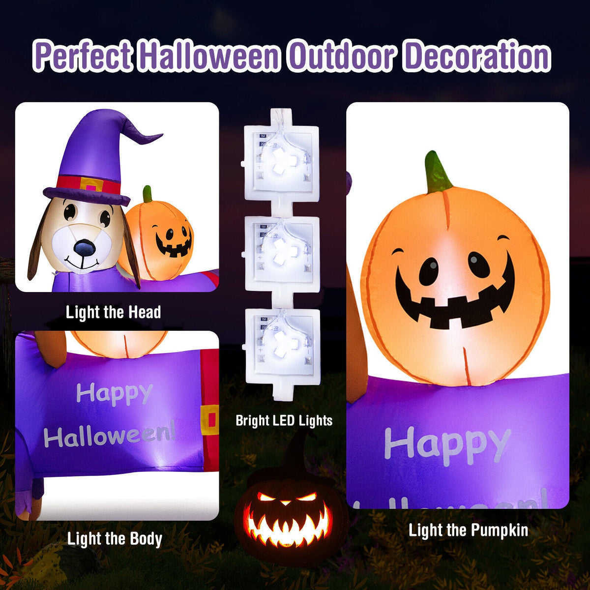 5 ft DirectDeals Halloween inflatable dachshund with pumpkin, purple witch hat, LED lights on Tampa Home & Garden Store