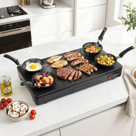 Electric raclette grill DirectDeals with 4 nonstick woks and spatulas on black countertop on Tampa Home & Garden Store