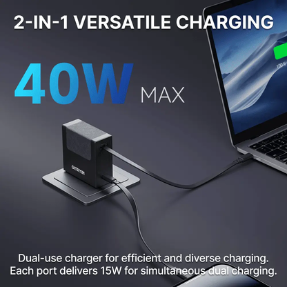 Gitryin 35W GaN dual-port charger, black block with USB-C/USB-A ports powering a laptop on Tampa Home & Garden Store