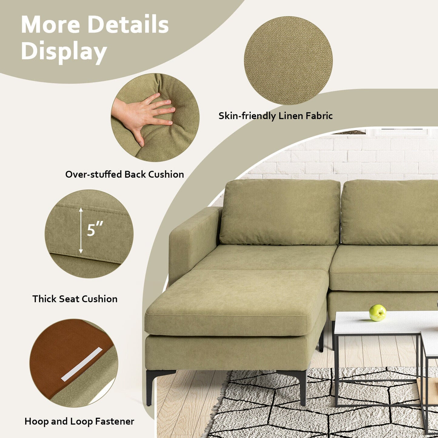 Sofá seccional modular en forma de L de 3 plazas con chaise reversible y 2 puertos USB - Verde