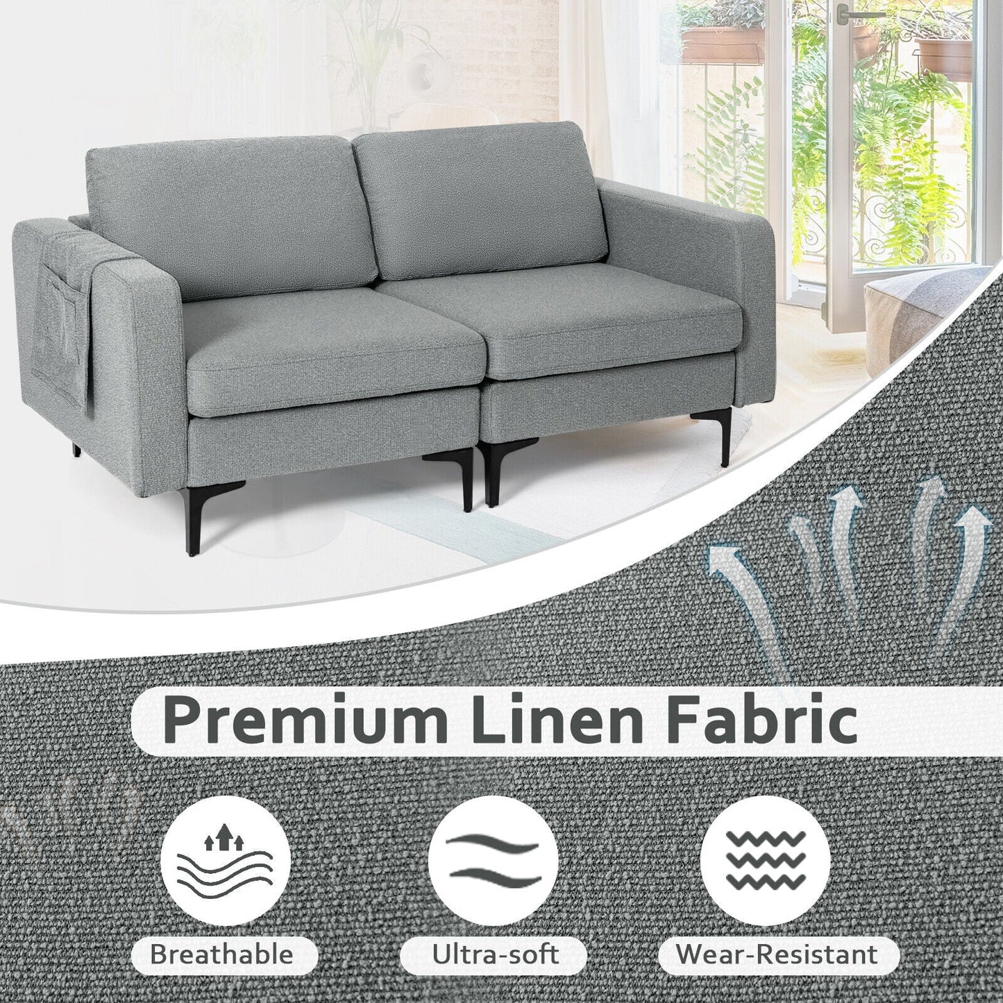 Sofá moderno de dos plazas con bolsillo lateral de almacenamiento y cojines de asiento acolchados de esponja - Naranja