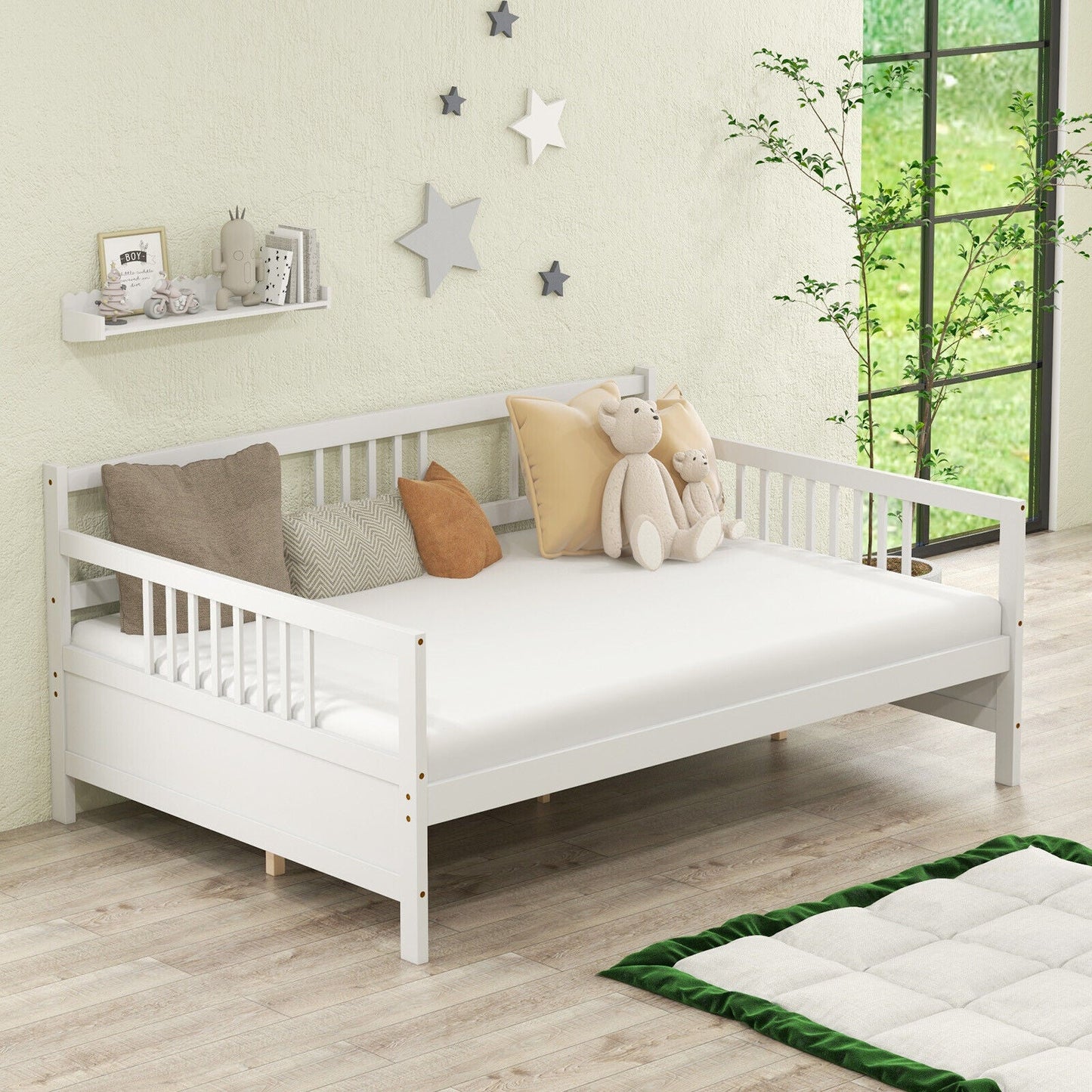 Base de cama nido de tamaño completo de madera con barandillas - Blanca