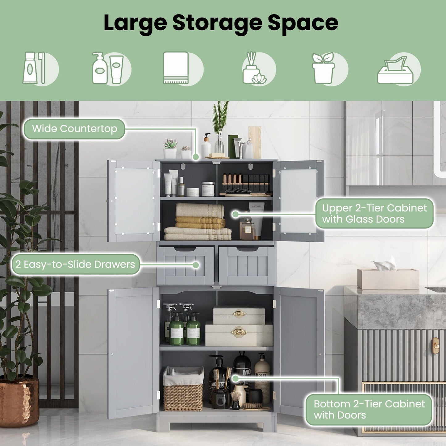 Mueble de baño independiente de 4 puertas con 2 cajones y puertas de cristal - Gris