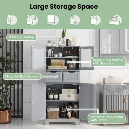 Mueble de baño independiente de 4 puertas con 2 cajones y puertas de cristal - Gris