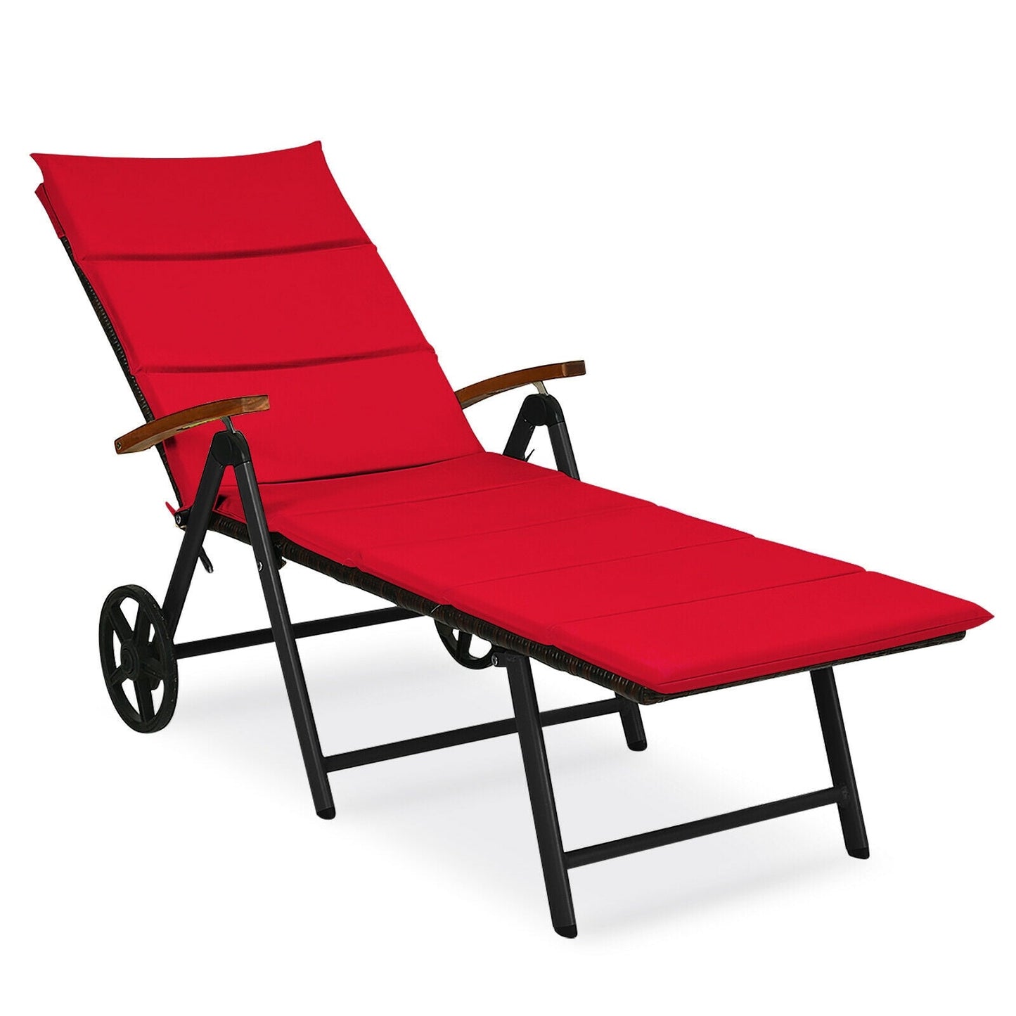 Tumbona Plegable de Ratán para Patio con Ruedas - Roja