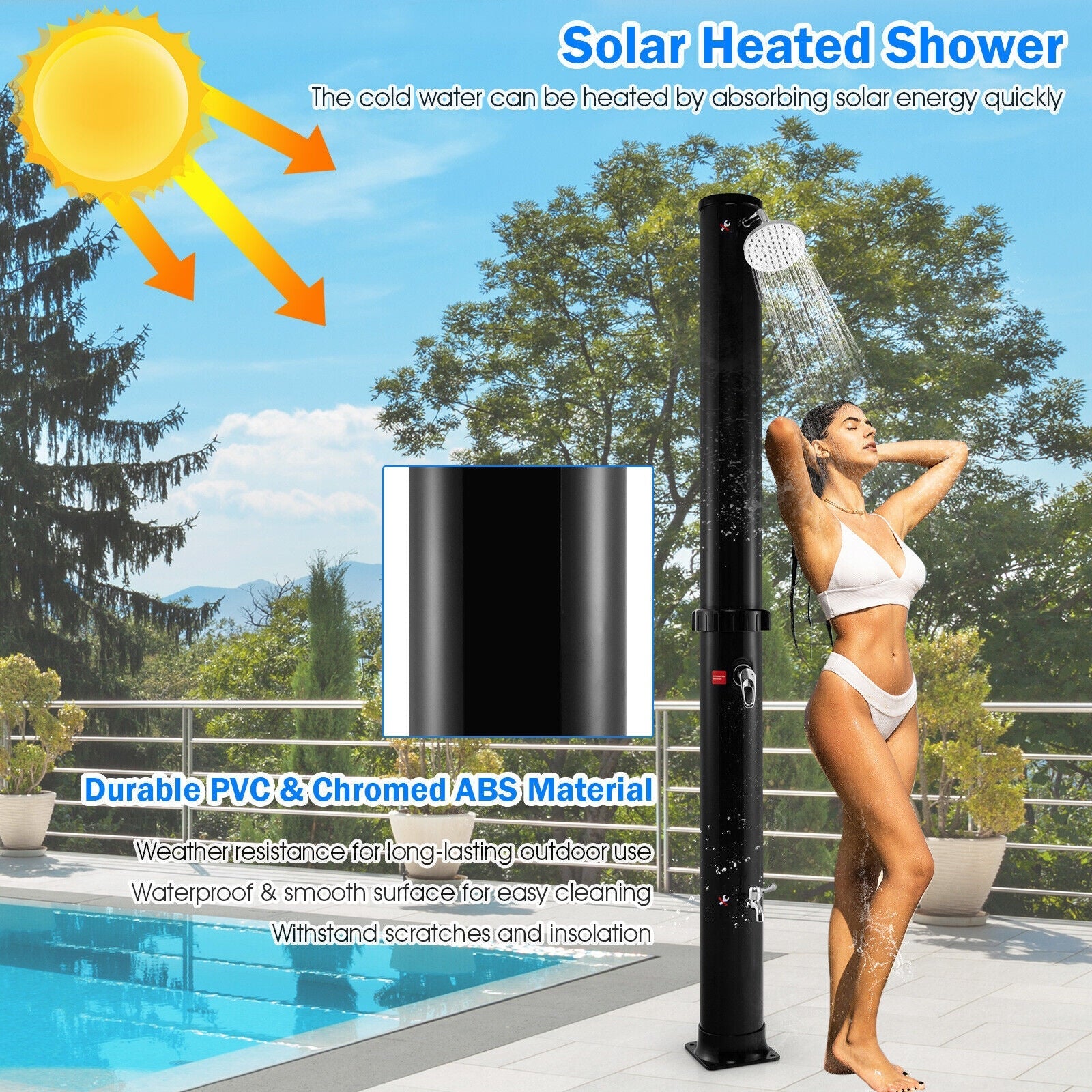 7.2ft Solar-Heated Outdoor Shower GemGear with free-rotating head, black stand poolside on Tampa Home & Garden Store