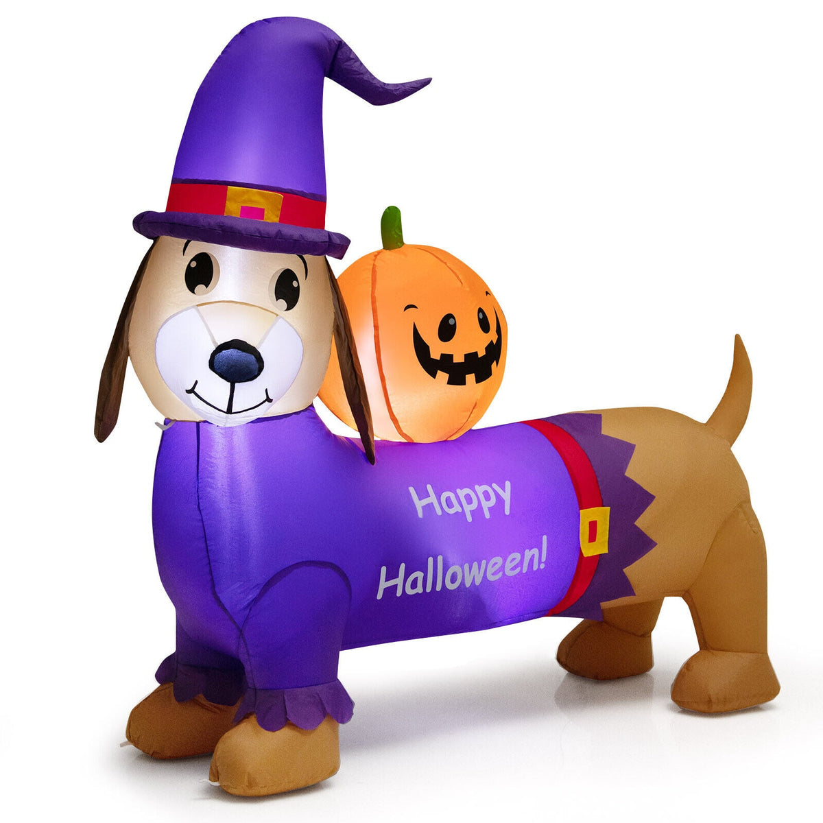 5 ft inflatable dachshund Halloween decoration with pumpkin, purple witch hat, purple body on Tampa Home & Garden Store