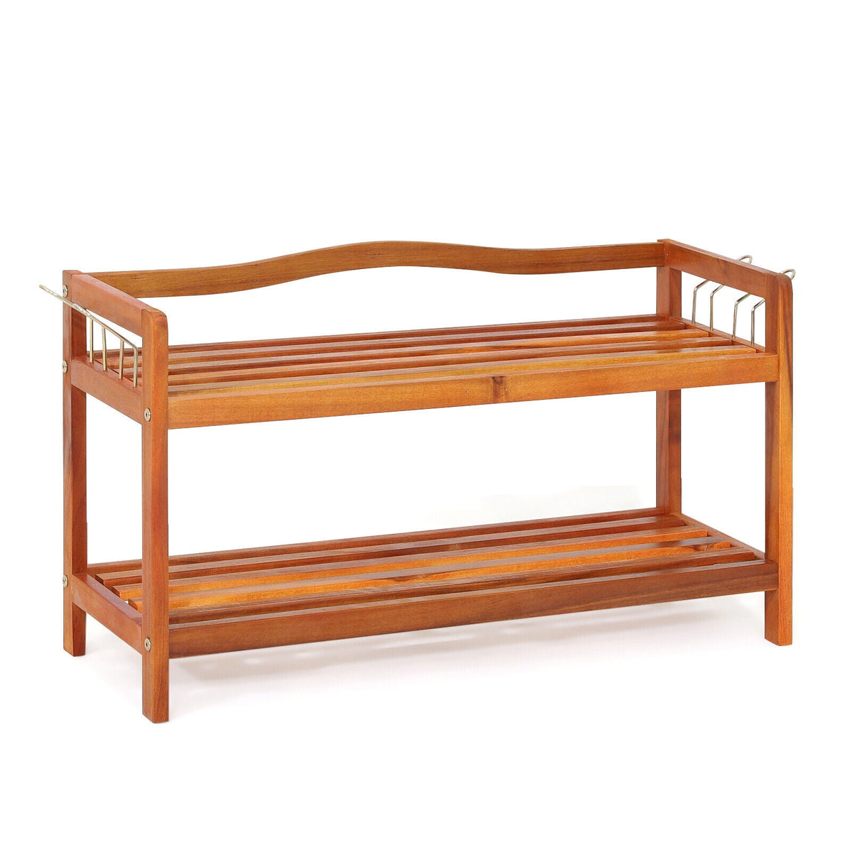 2-Tier Acacia Wood Shoe Rack with 4 Side Metal Hooks natural finish DirectDeals on Tampa Home & Garden Store