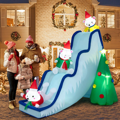 9 ft inflatable polar bear slide with LED lights in blue, three bears in Santa hats, DirectDeals on Tampa Home & Garden Store