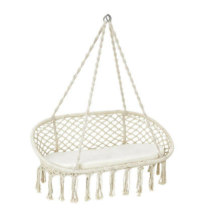 Silla de hamaca colgante de macramé para 2 personas con cojín - Beige