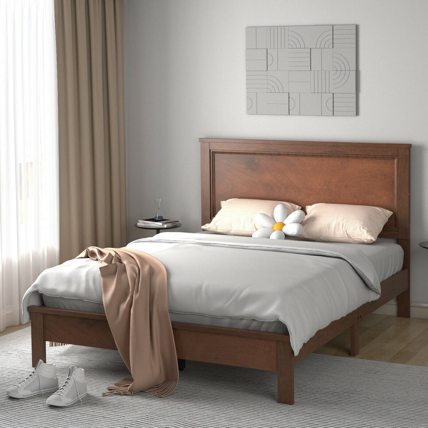 Base de Cama Queen con Plataforma y Somier de Lamas, Cabecero Alto y Patas de Madera de Caucho-Nogal