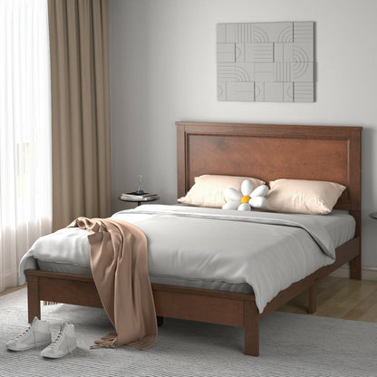 Base de Cama Queen con Plataforma y Somier de Lamas, Cabecero Alto y Patas de Madera de Caucho-Nogal