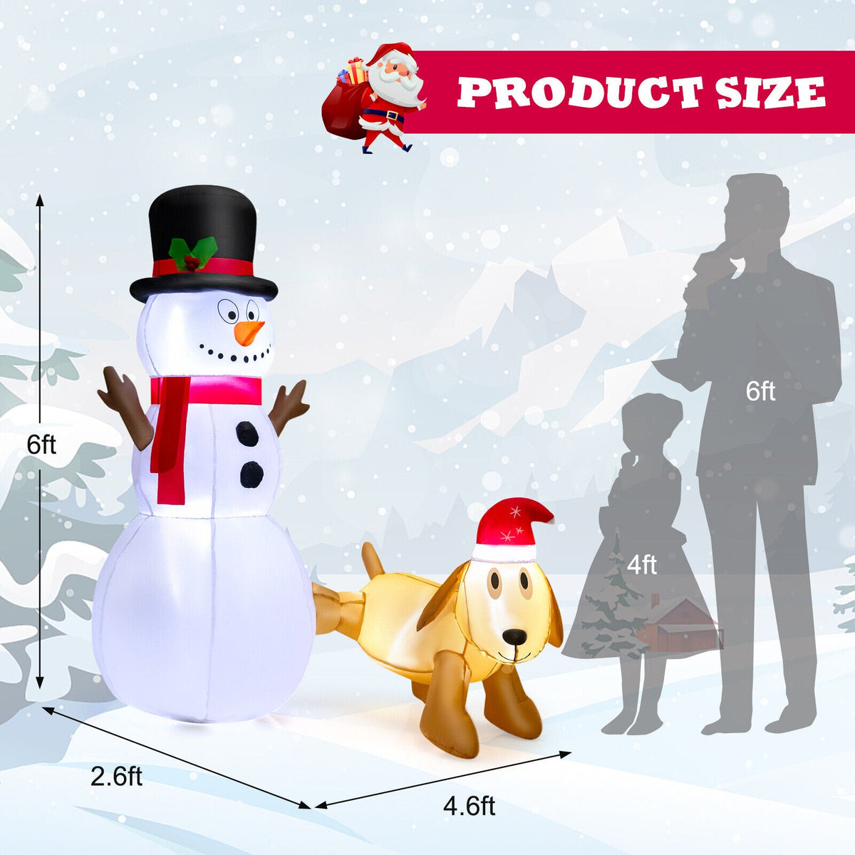 6 ft inflatable snowman and dog with LED lights, black top hat and red scarf, DirectDeals on Tampa Home & Garden Store