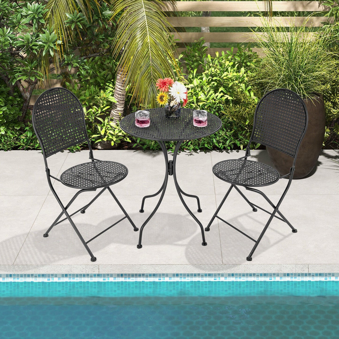 Juego de bistro para patio de 3 piezas, muebles de conversación para exteriores, mesa y silla plegable