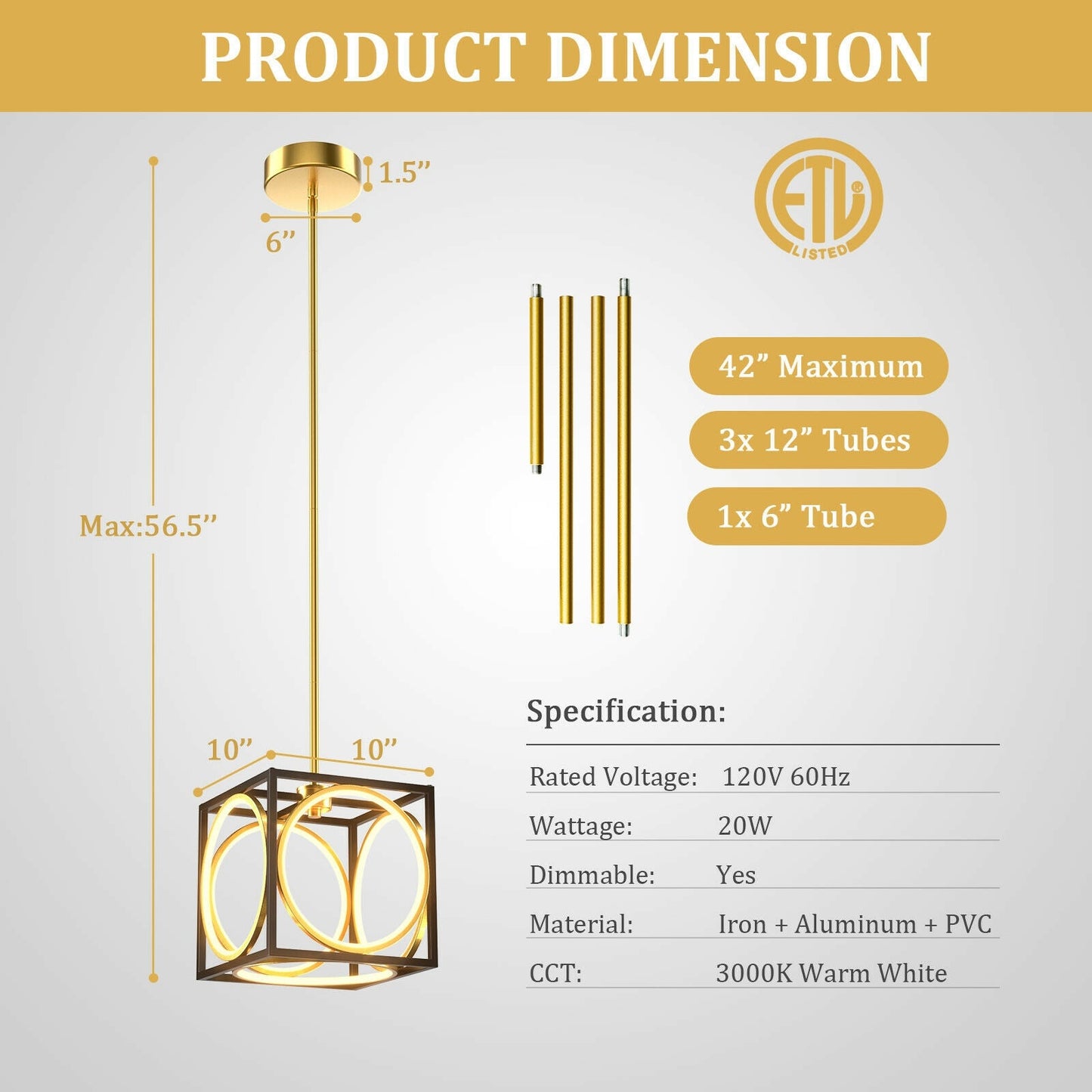 Lámpara colgante LED moderna con suspensor ajustable de 42 pulgadas - Dorada