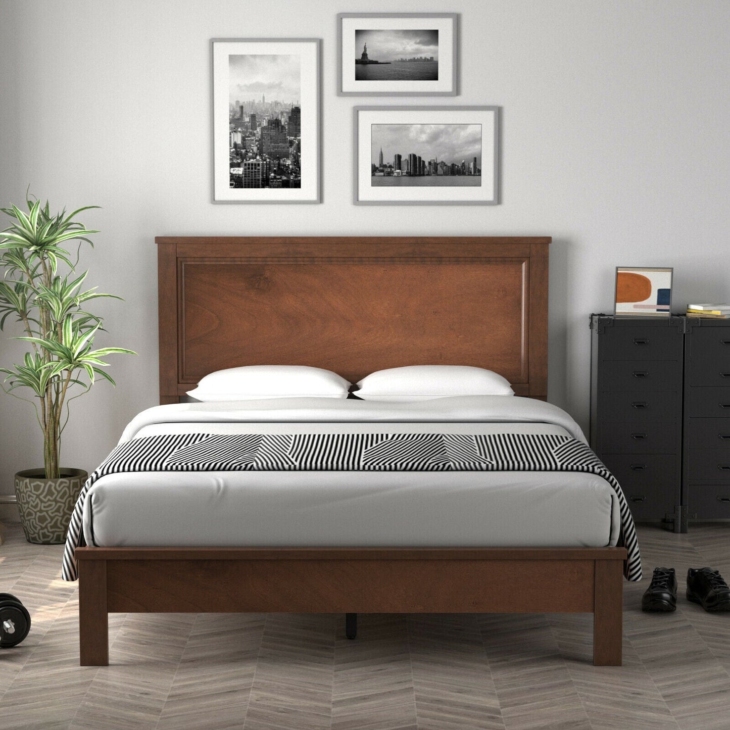 Base de Cama Queen con Plataforma y Somier de Lamas, Cabecero Alto y Patas de Madera de Caucho-Nogal