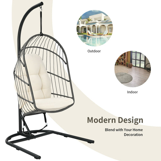 Hanging Wicker Egg Chair with Stand -Beige - Tampa Home & Garden Store