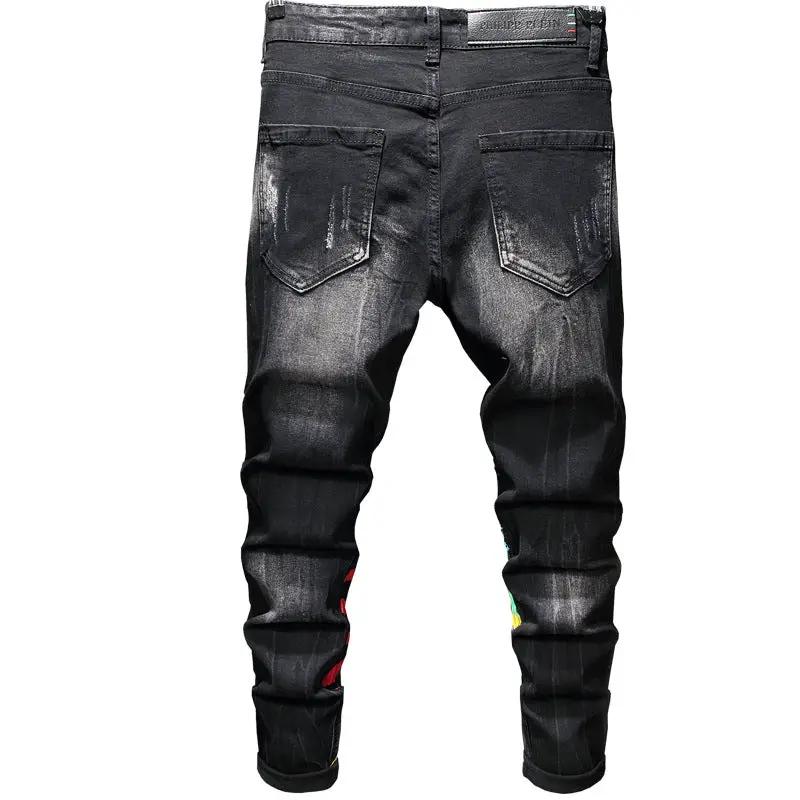 Men’s urban slimfit black denim jeans with vibrant multicolor graphic art back view FLIPSTYLEZLLC on Tampa Home & Garden Store