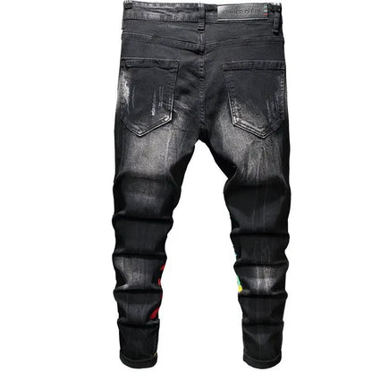 Men’s urban slimfit black denim jeans with vibrant multicolor graphic art back view FLIPSTYLEZLLC on Tampa Home & Garden Store